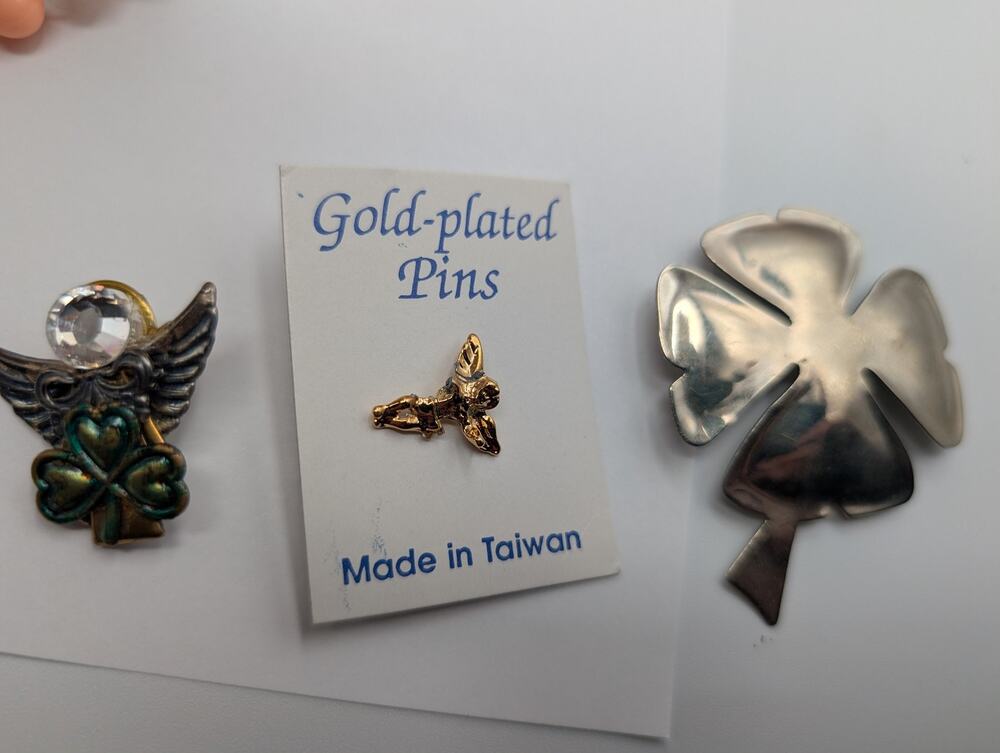 Vintage Religious Angel Shamrock Pins Brooch Lot Gold Plated Taiwan 4 Leaf